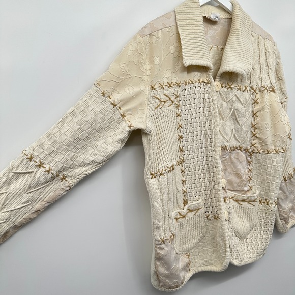 Vintage Sandy Starkman Cardigan Sweater Large Embroidered Chunky Knit Neutral - Picture 12 of 16